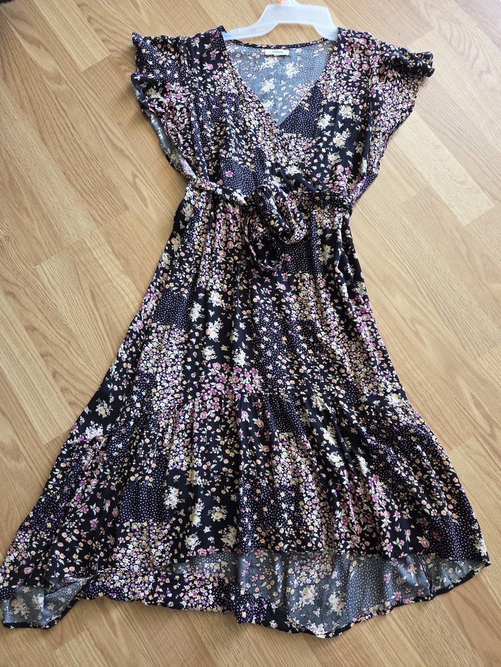 Maurices Black Floral High-Low Wrap Dress with Pink and Cream Blossoms